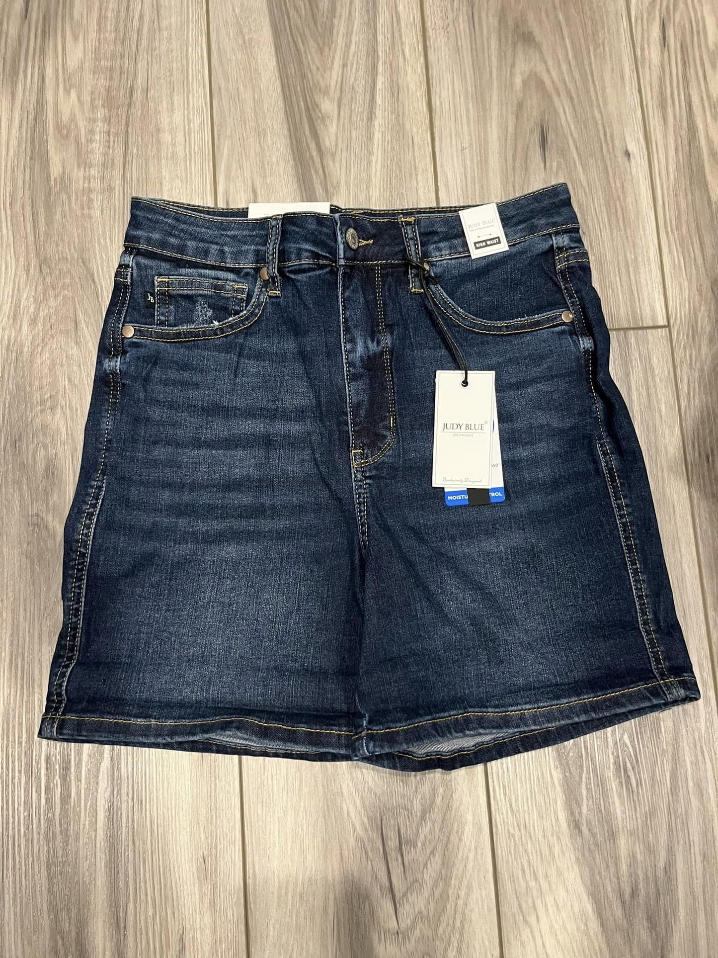 Judy Blue: High Waisted Tummy Control Dark Wash Shorts (cuff/no cuff shown)