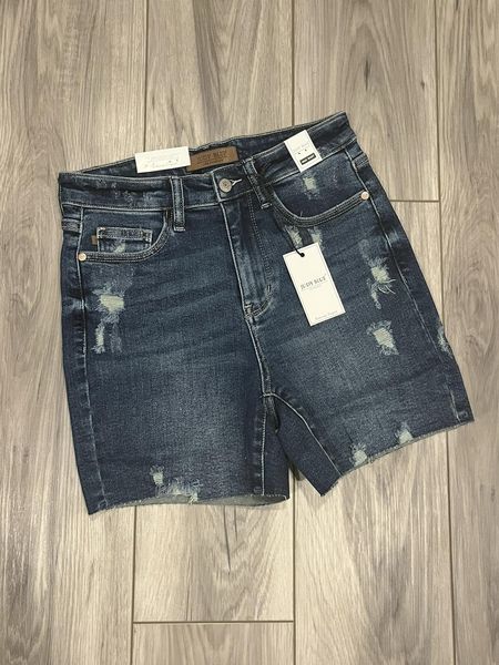Judy Blue: High Waisted Distressed Dark Wash Shorts