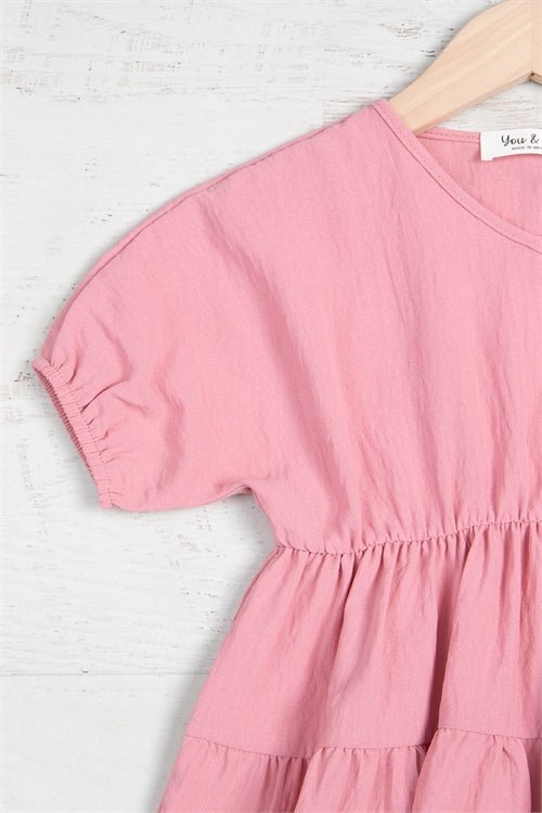 Solid V Neck Ruffle Tiered Dress- Dusty Rose