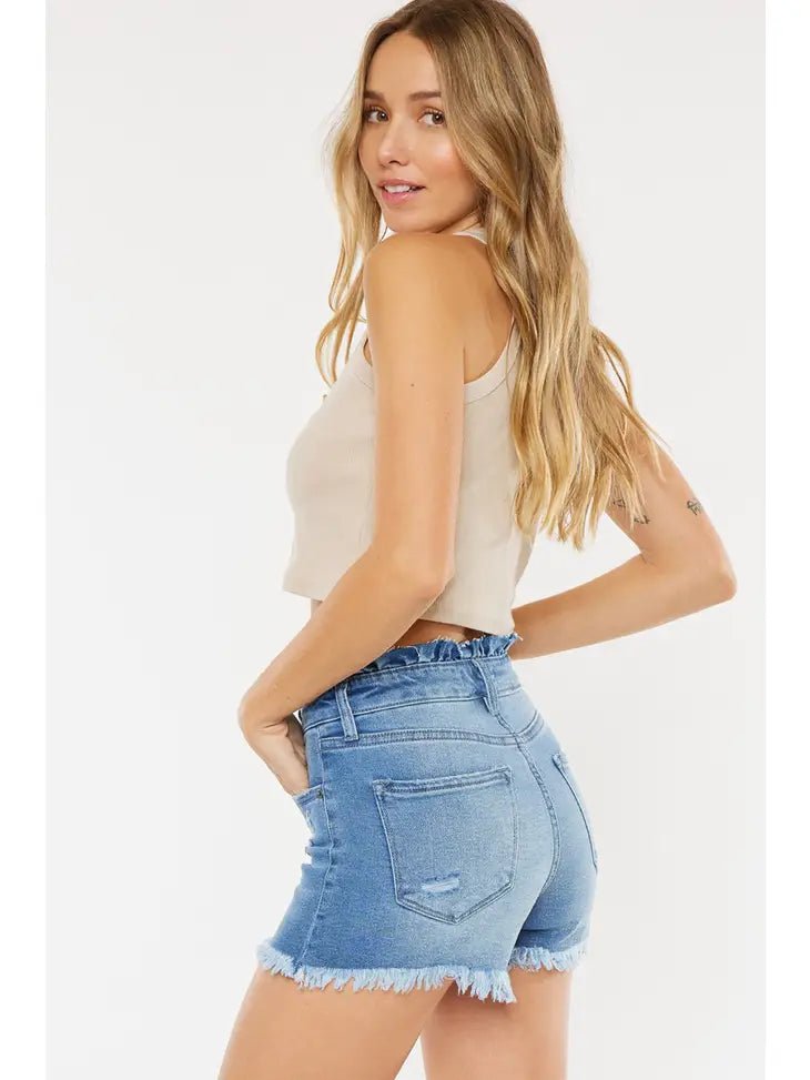 Medium Wash High Waist KanCan Ruffle Waist Shorts