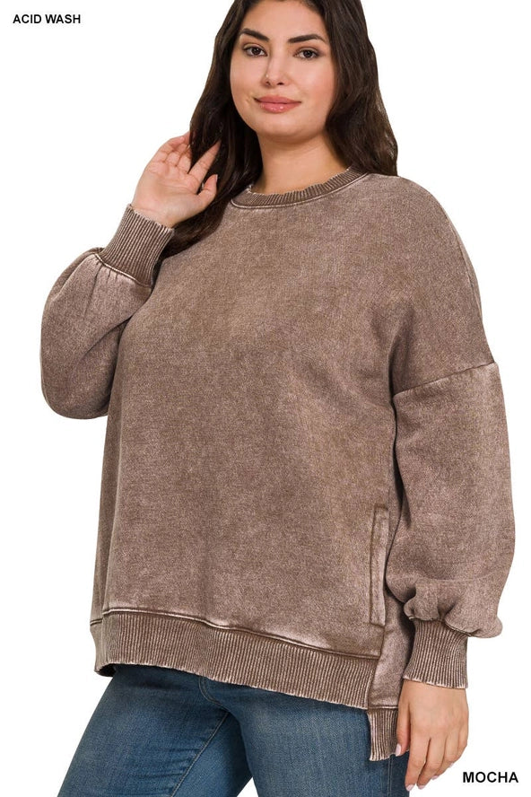 Acid Wash Fleece Hi-Low Hem Pullover w/Pocket-Mocha Color