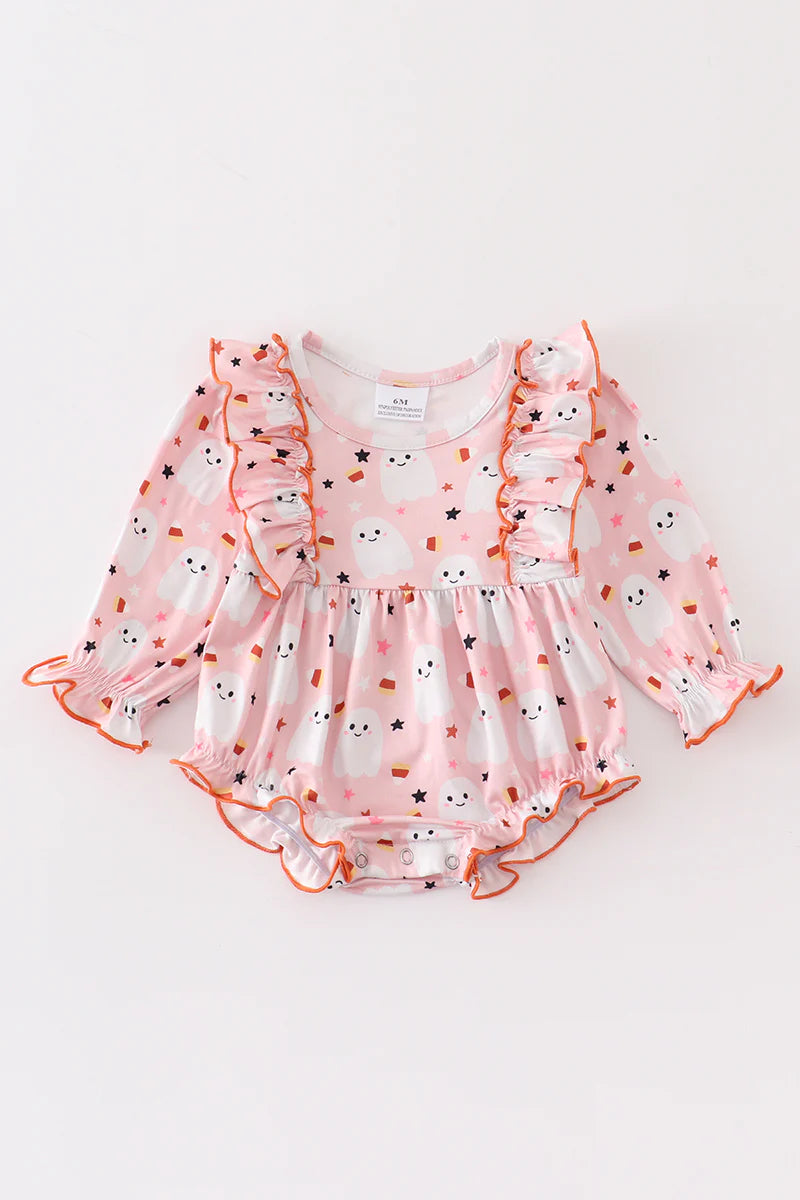 Orange Ghost print ruffle romper