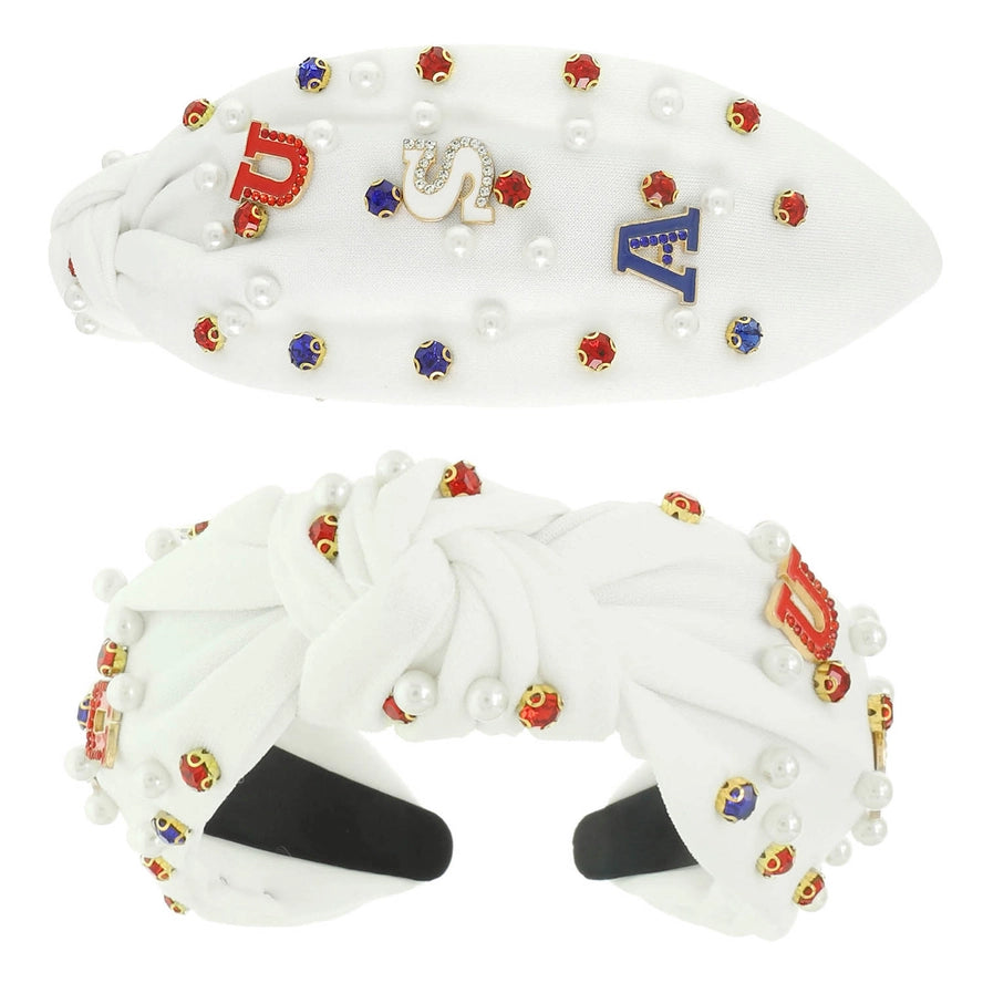 American Flag USA Pearl Rhinestone Beaded Headband-WHITE