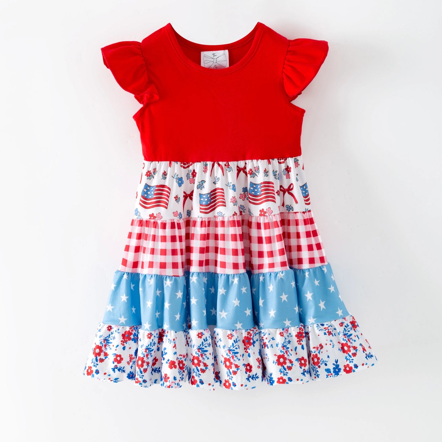 Girls Red White & Blue Patriotic Patchwork Twirl Dress