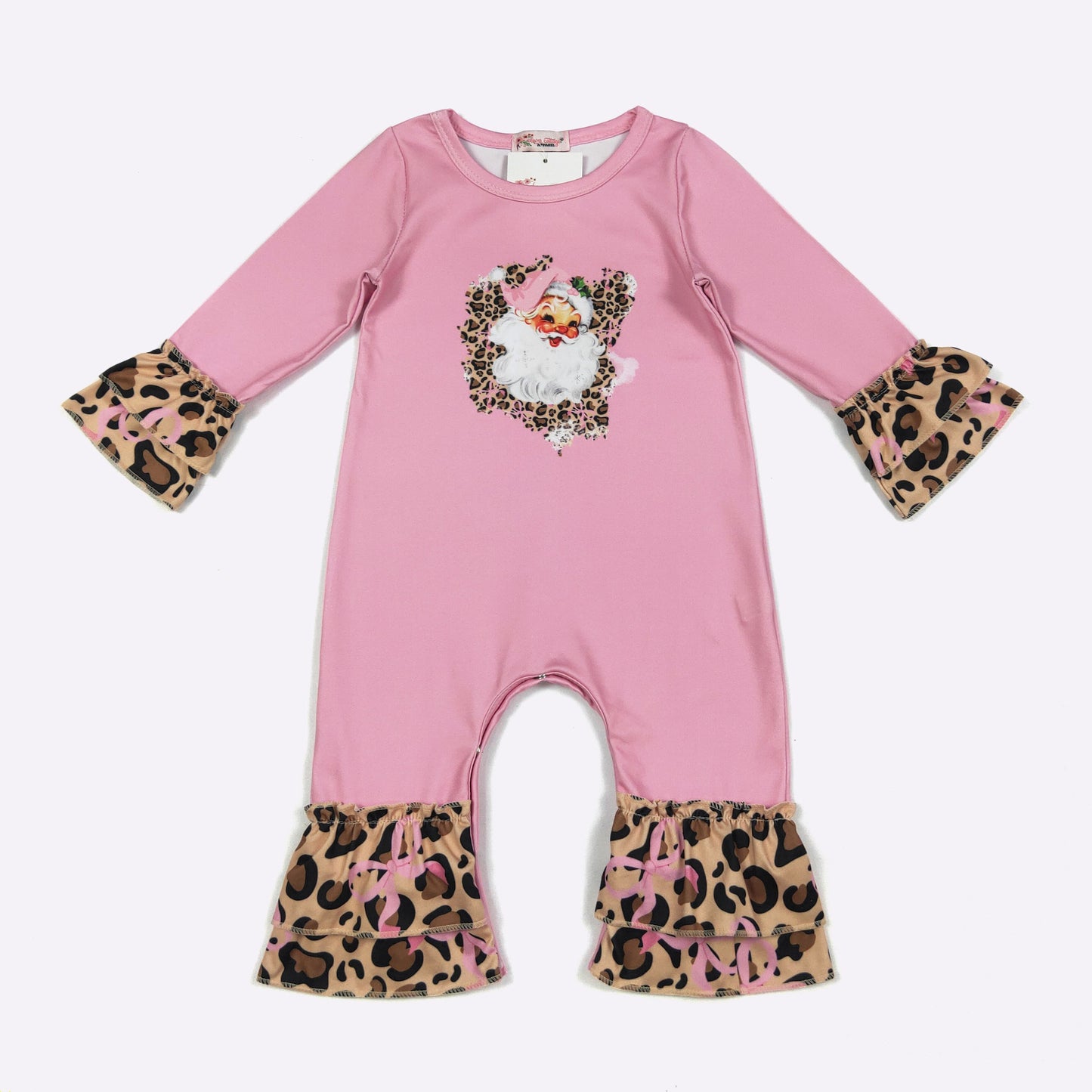 Pink Leopard Santa Ruffle Romper