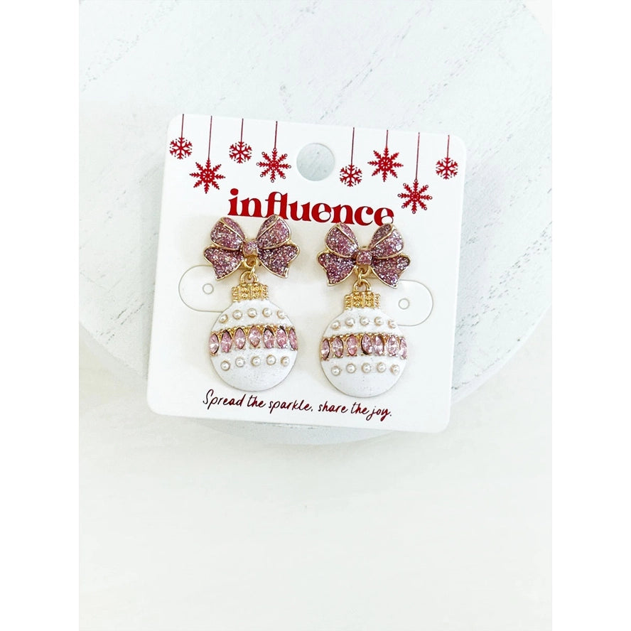 Christmas Ornament Ball Earrings with Sparkly Bow