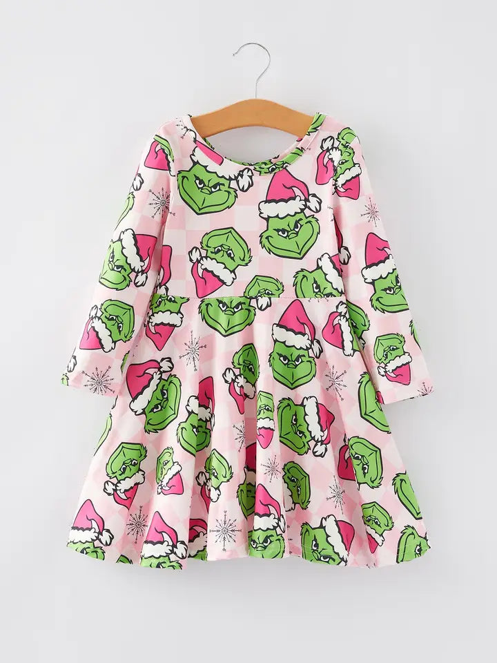Pink Green Guy Character Christmas Twirl Dress