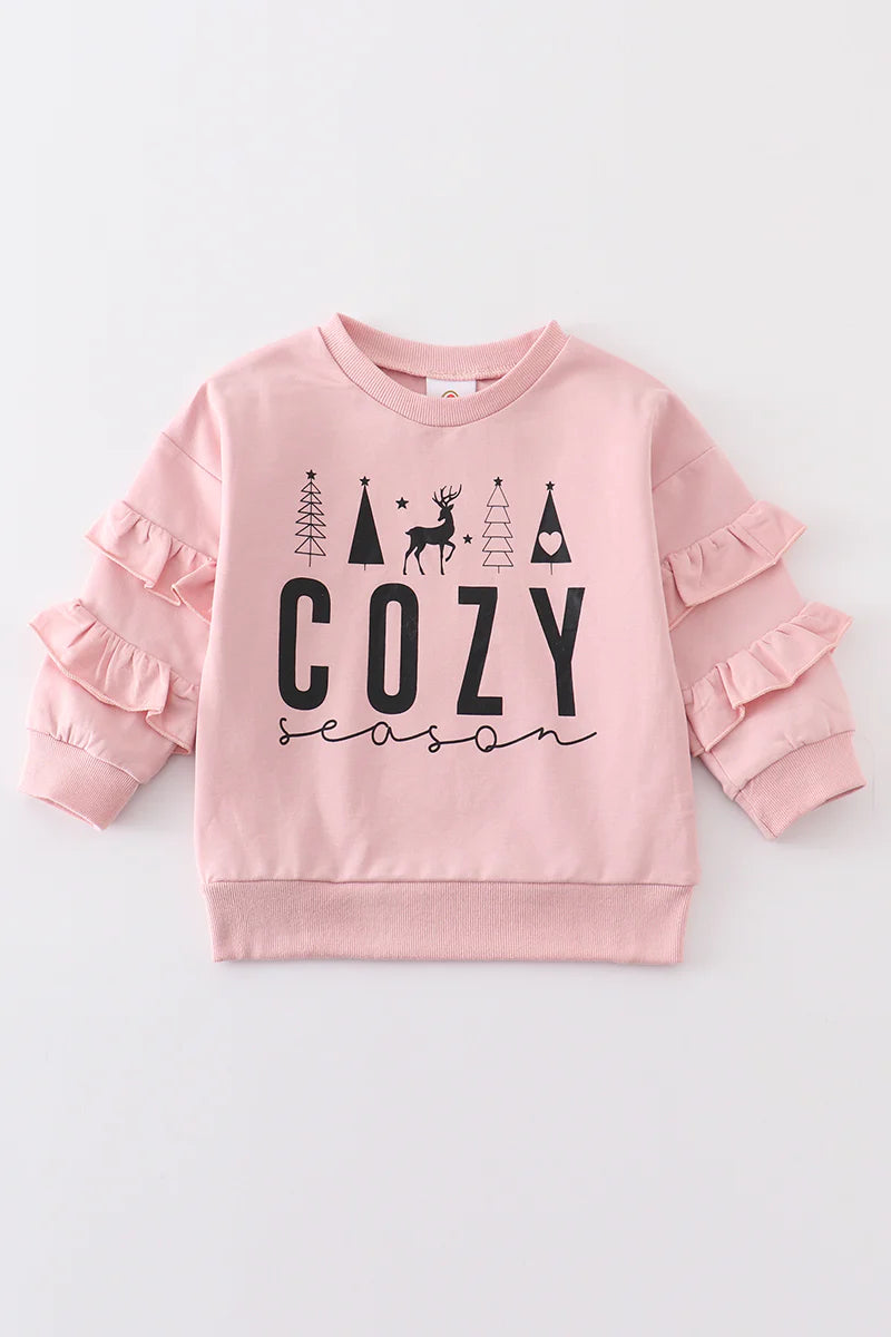 Pink Cozy Season Ruffle Sleeve Crewneck