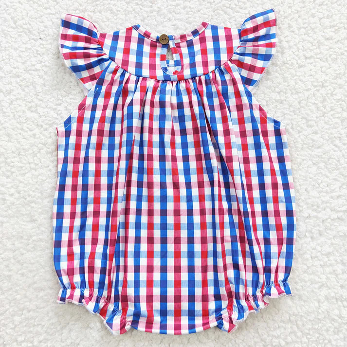 Flag Embroidery Plaid Baby Girls Smocked Romper