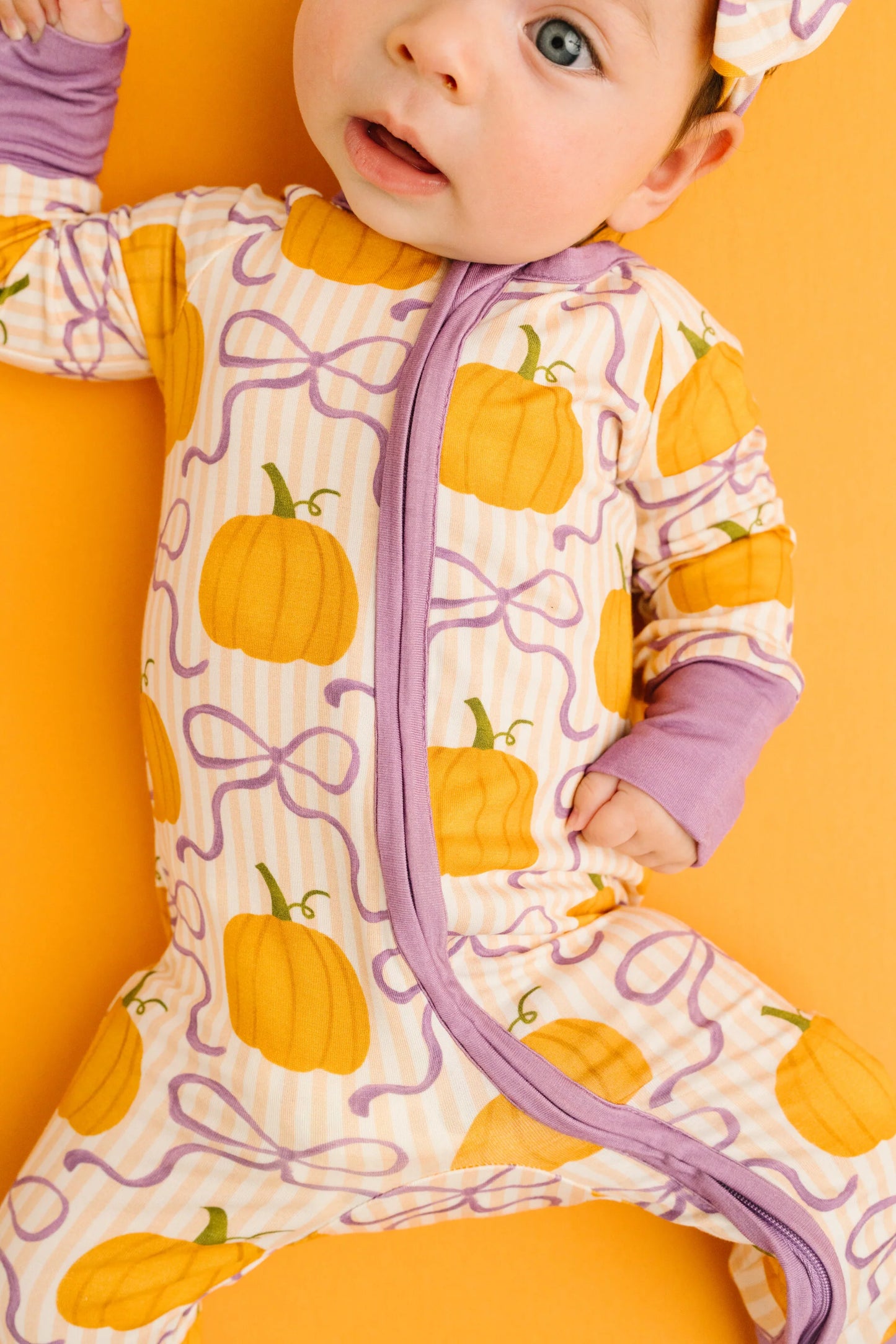 Little One Shop: Pumpkin & Bows Print Bamboo Zipper Romper