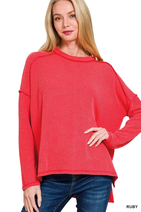 Raised Rib Long Sleeve Women's Top- Red