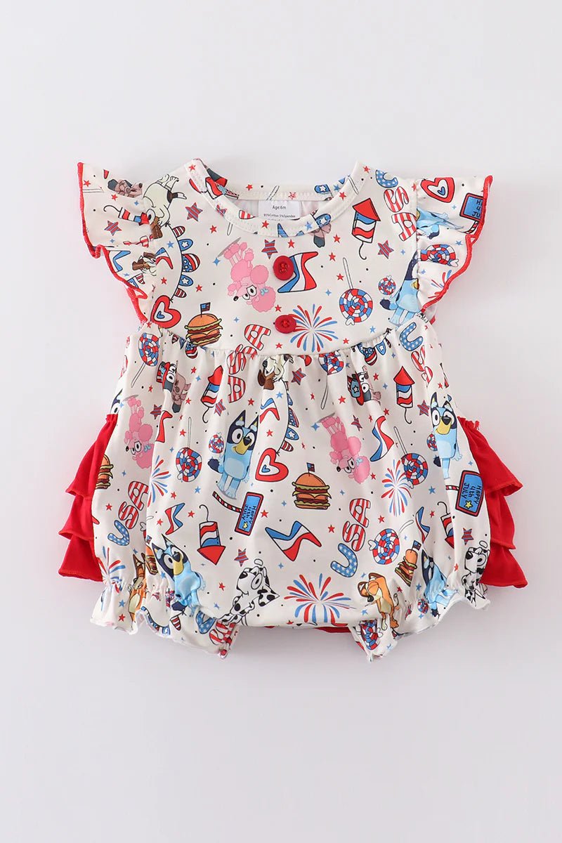 Red, White, and Bluey Ruffle Girls Romper