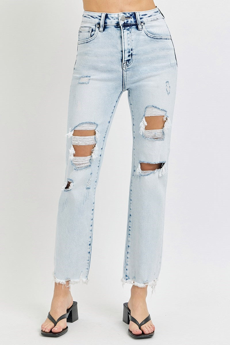 Risen: Acid Light Wash High Rise-Crop Straight-Distressed Jeans