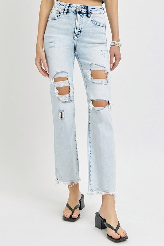 Risen: Acid Light Wash High Rise-Crop Straight-Distressed Jeans