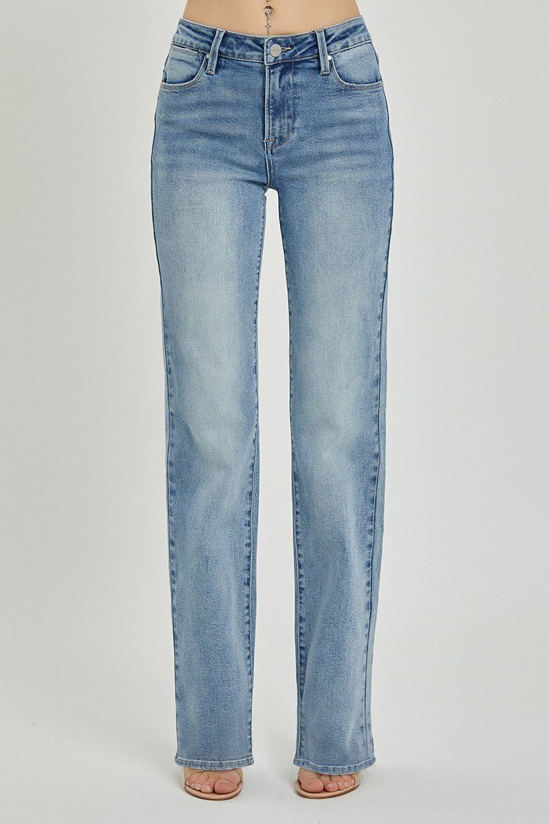 RISEN- Medium Wash Mid Rise Straight Jeans