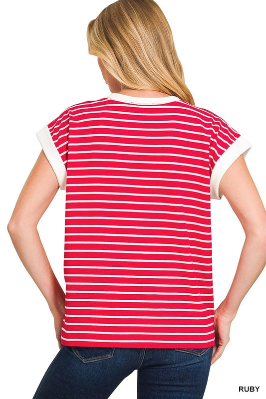 Zenana- Contrast Trim Cap Sleeve Stripe Tee | RUBY Color