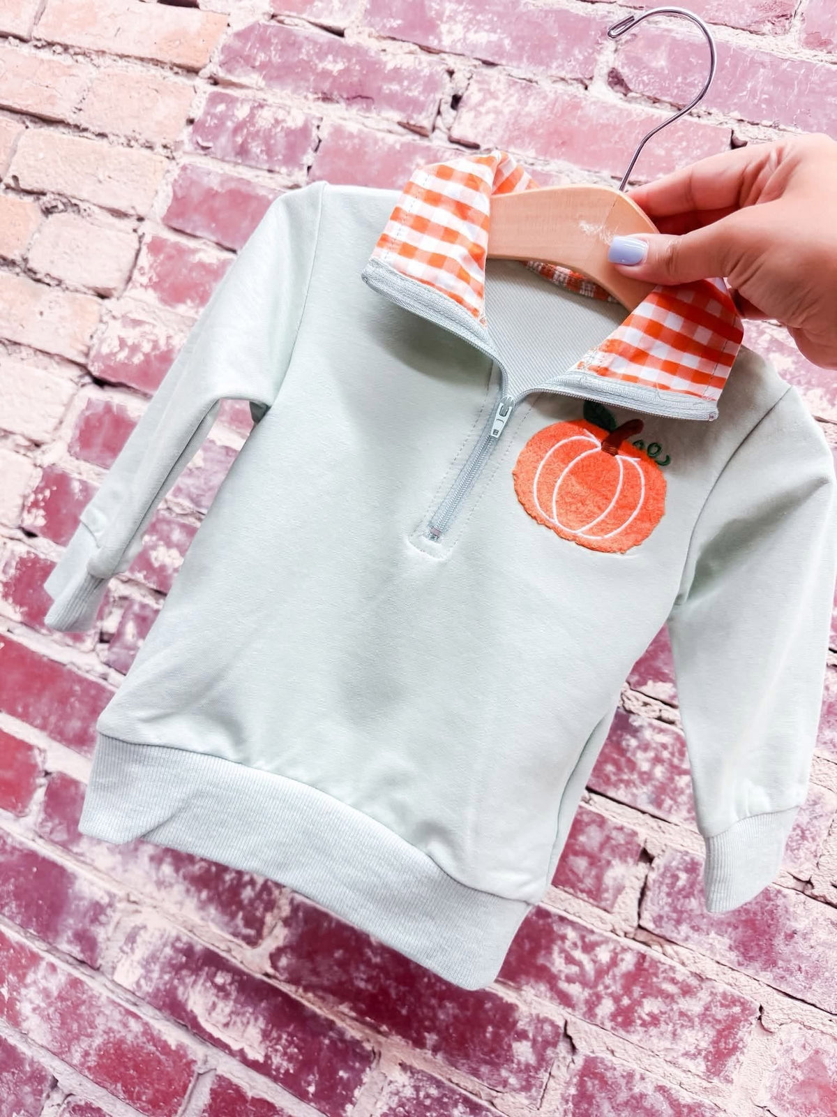 Sage Embroidered Pumpkin 1/4 Zip Pullover