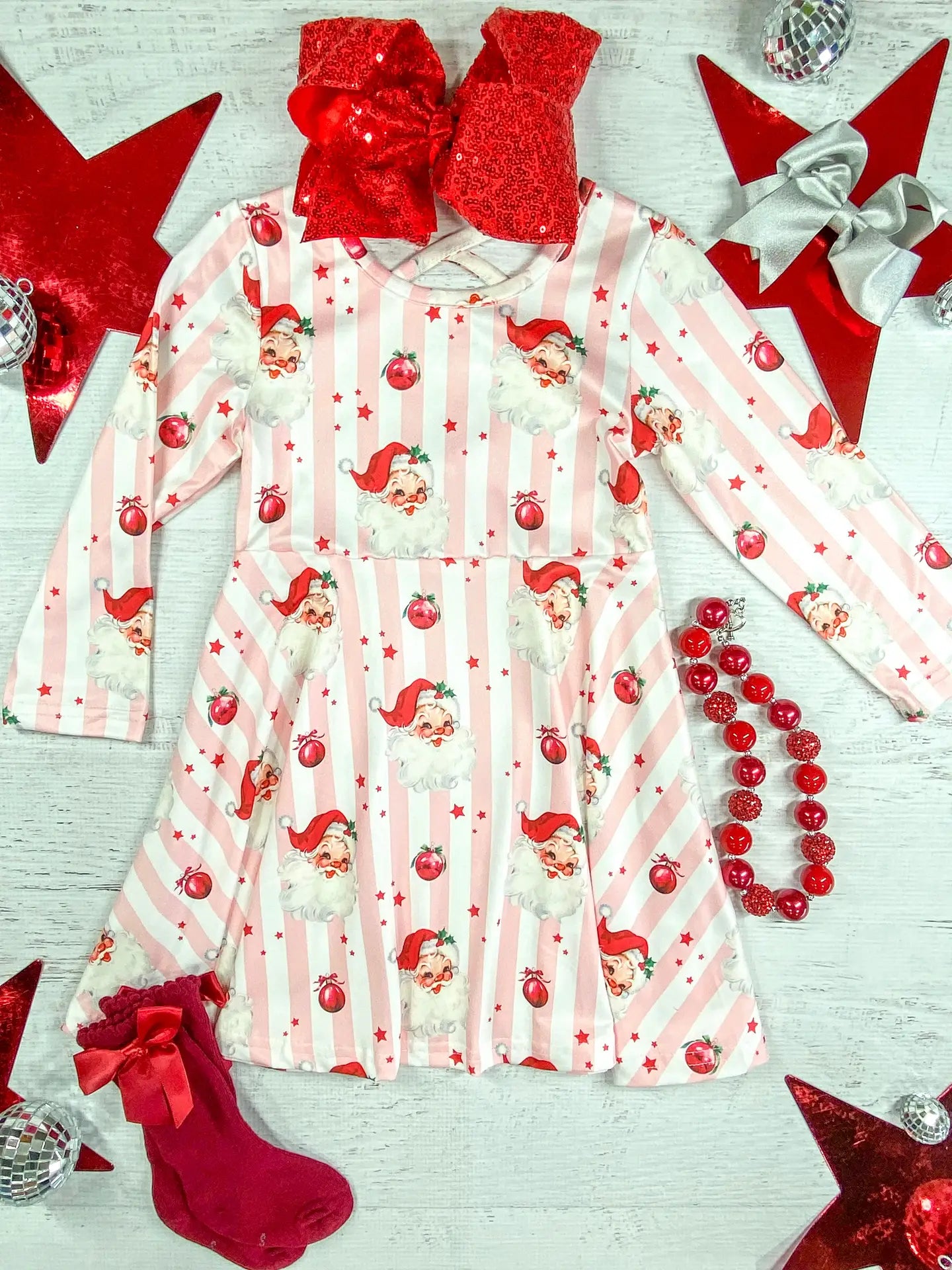 Santa & Stripes Long Sleeve Twirl Dress