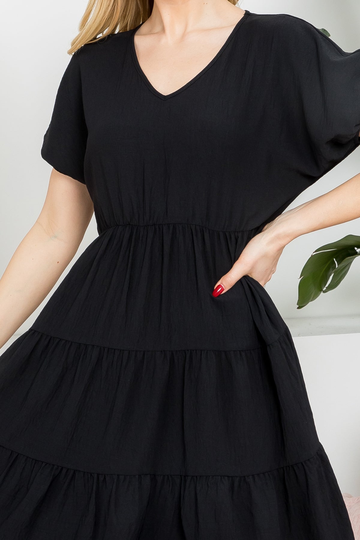Solid V Neck Tiered Dress- Black