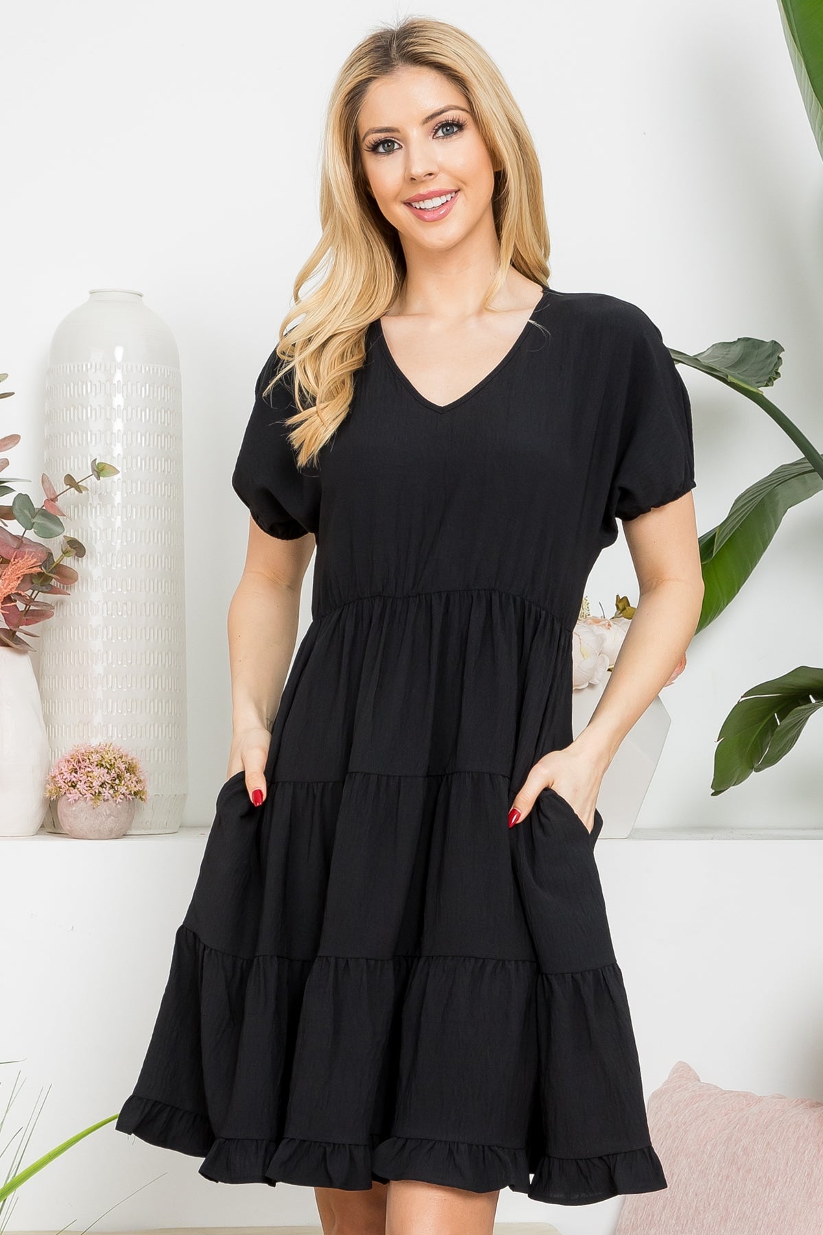 Solid V Neck Tiered Dress- Black