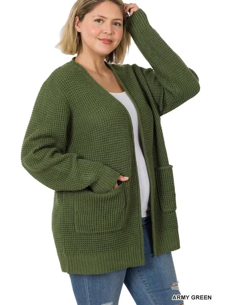 Curvy- Waffle Open Cardigan Sweater w/ Pockets- MULTIPLE COLORS