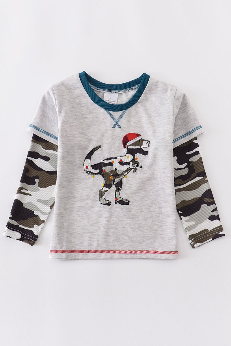 Camo Dino Christmas Lights Long Sleeve Top