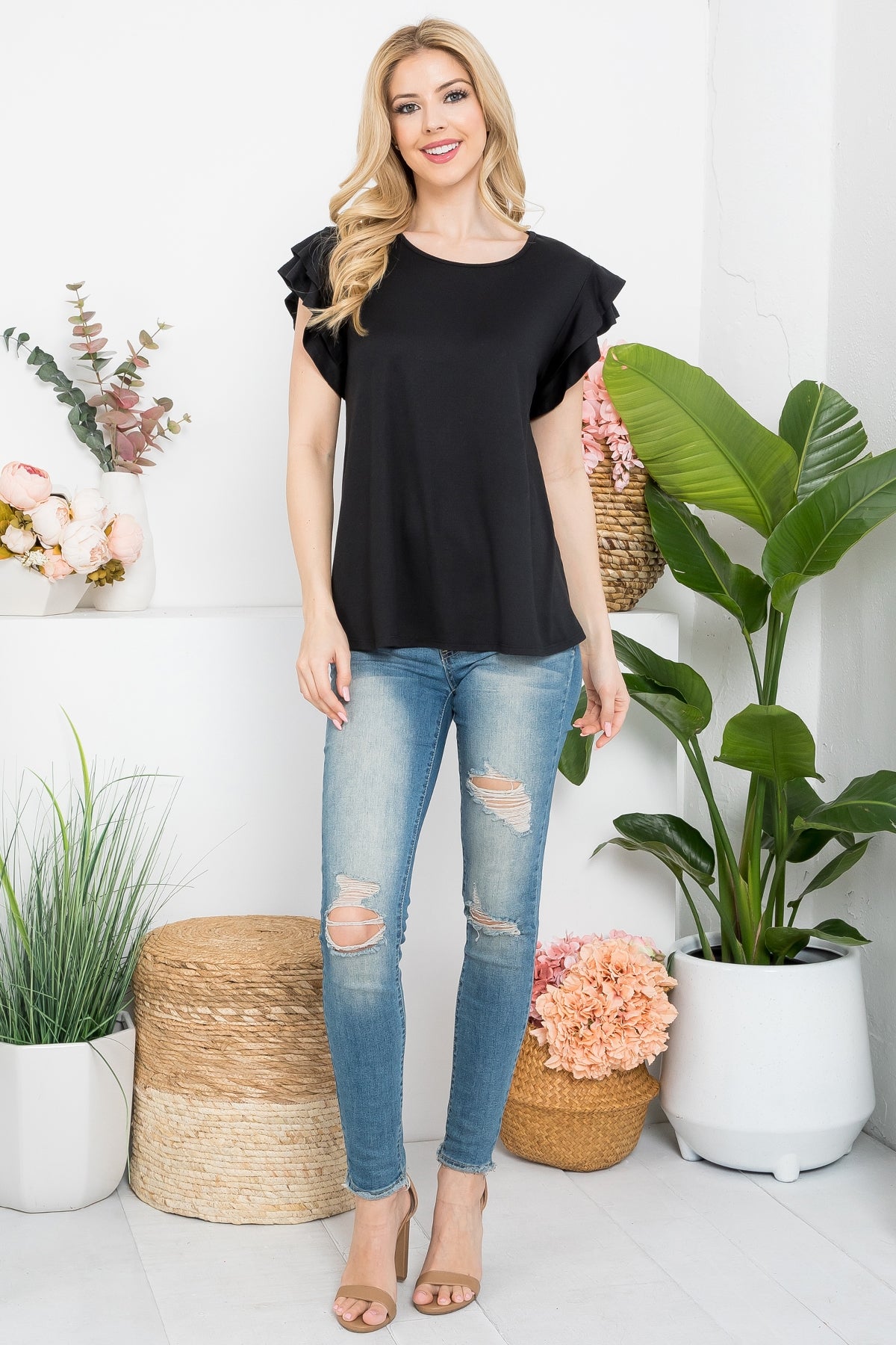 Layered Ruffle Short Sleeve Solid Top- MANY COLORS