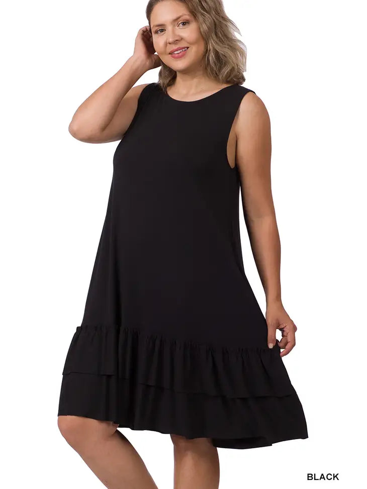 Women's CURVY size round neck tank Dress- BLACK