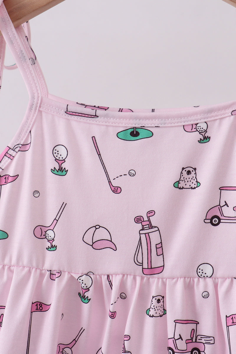 Pink Golf Print Tiered Dress