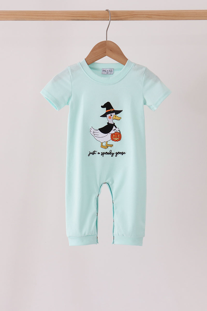 Blue Halloween Goose Embroidery Romper