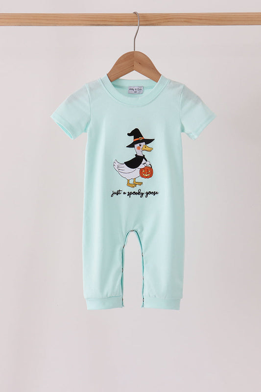 Blue Halloween Goose Embroidery Romper