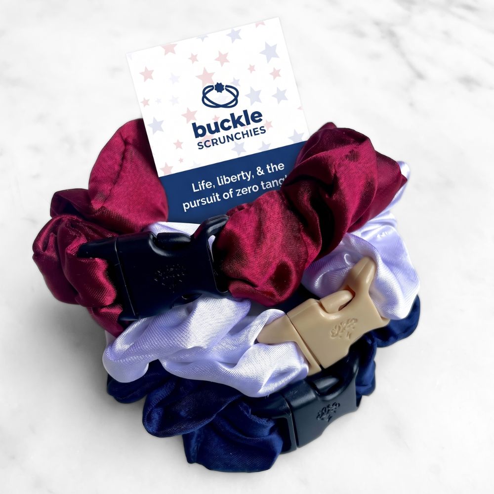 USA Patriotic Red White Blue - 3-Pack Buckle Scrunchies Bundle - No Snagging, No Tangles