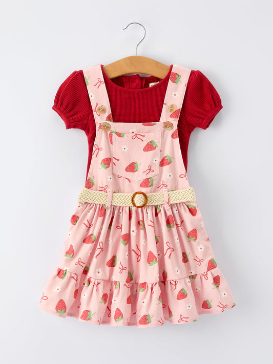 Girls Spring Short-sleeved top + Strawberry Print Overall Dress Set