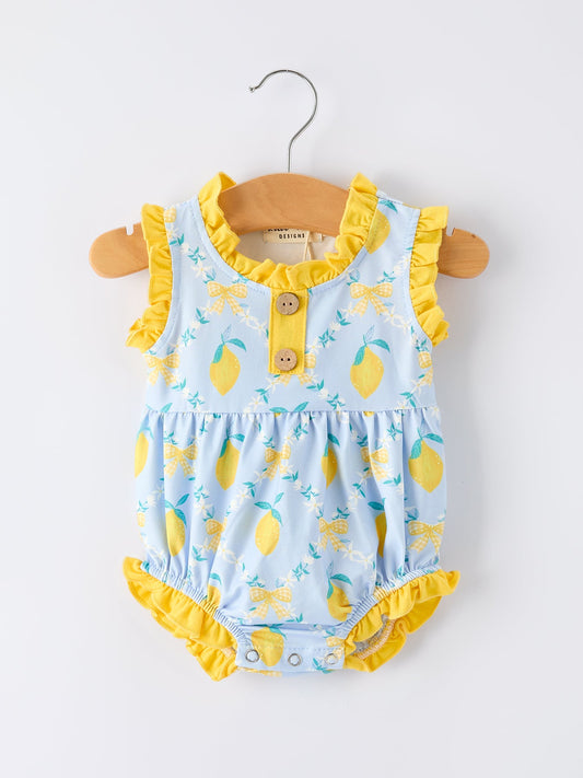 Summer Lemon Floral Print Girl Sleeveless Ruffle Romper