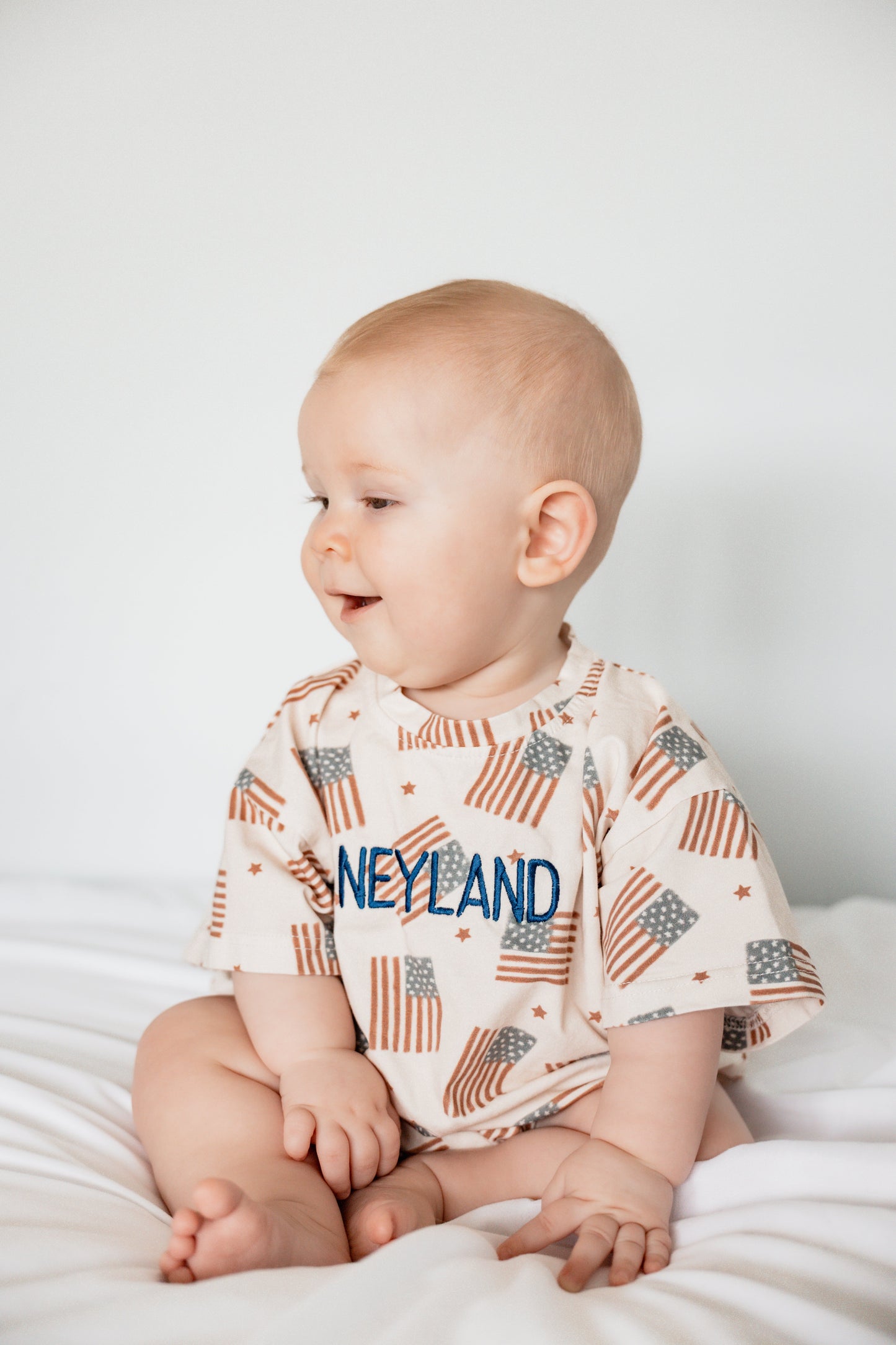 4th of July Flag Print T-Shirt Romper - optional custom embroidery