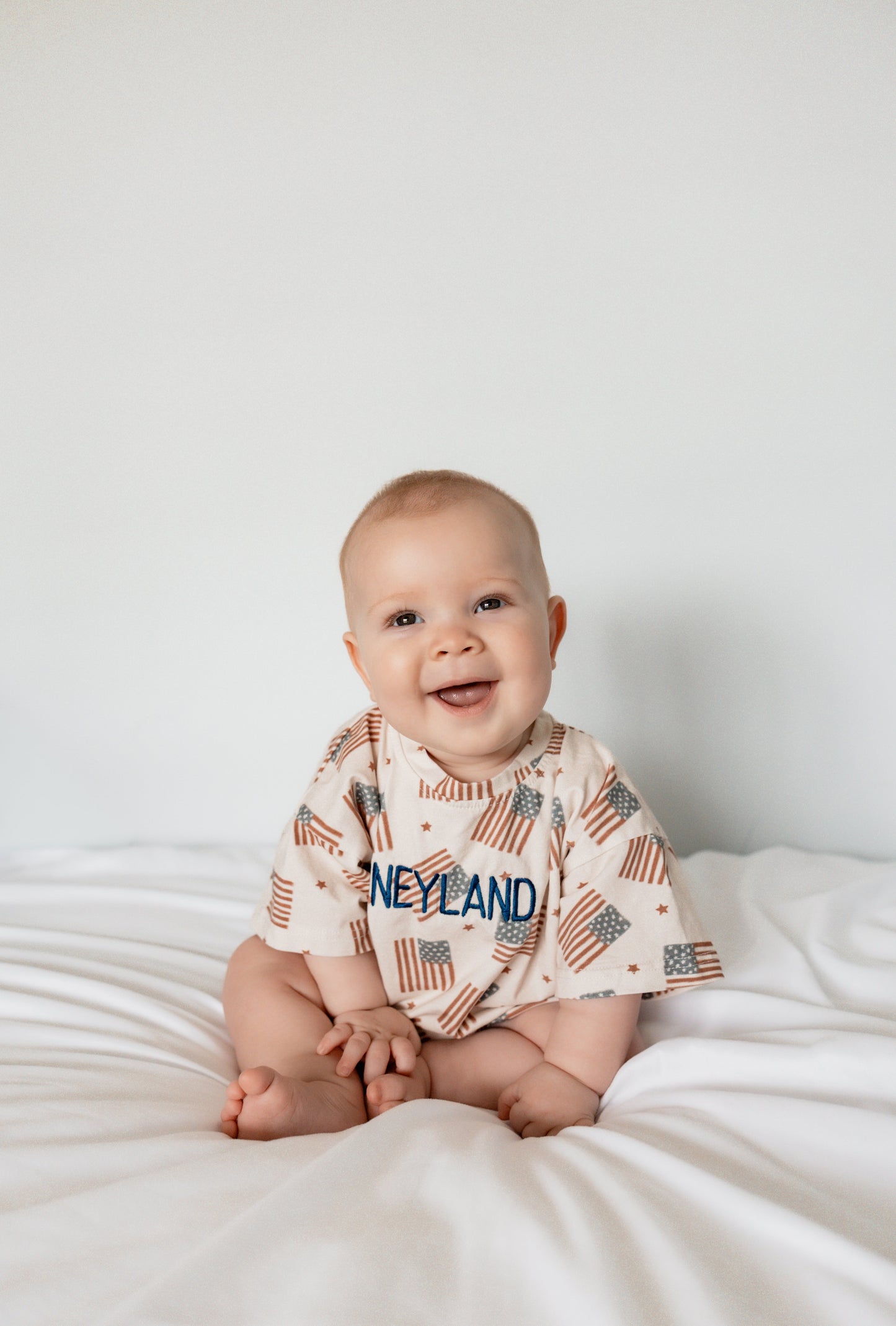 4th of July Flag Print T-Shirt Romper - optional custom embroidery