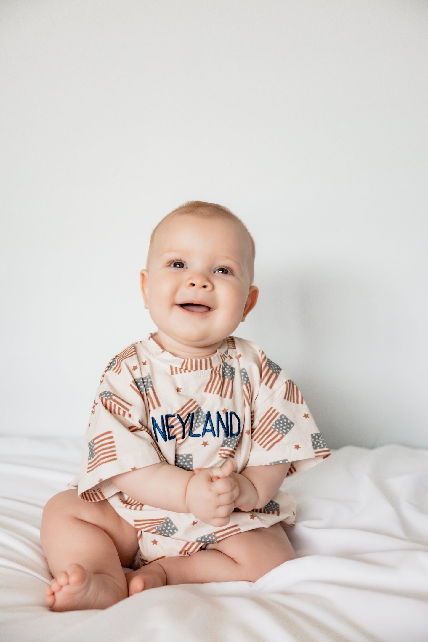 4th of July Flag Print T-Shirt Romper - optional custom embroidery