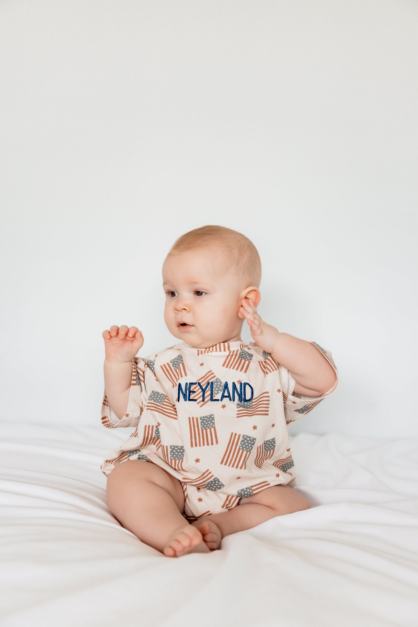 4th of July Flag Print T-Shirt Romper - optional custom embroidery