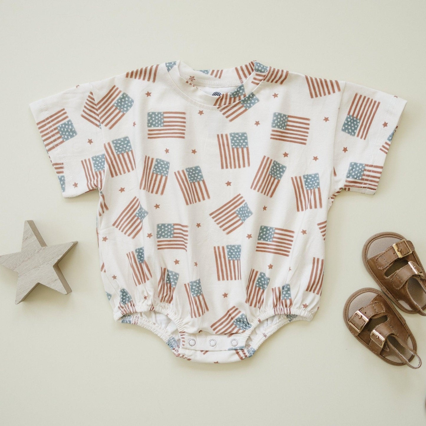 4th of July Flag Print T-Shirt Romper - optional custom embroidery