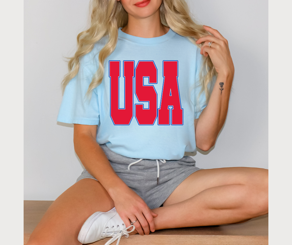 USA Varsity Print on Comfort Colors Tee