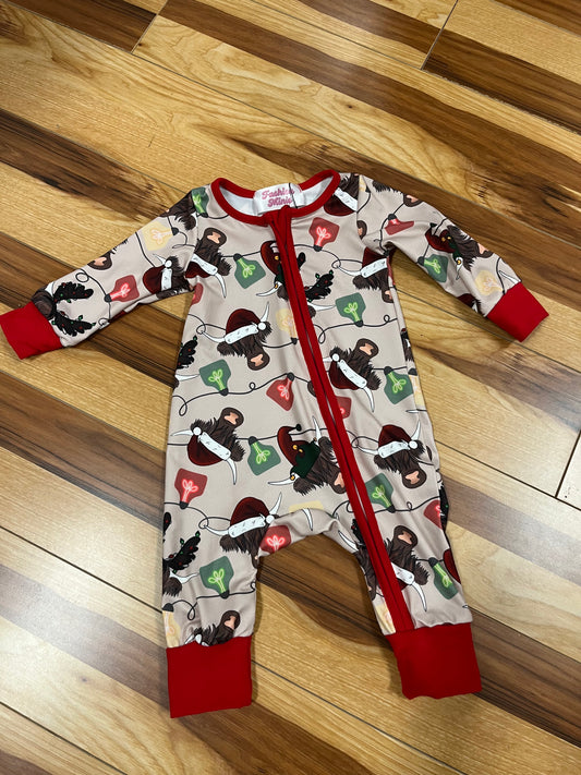 Fashion Minis: Christmas Highland Cow Print Zipper Romper