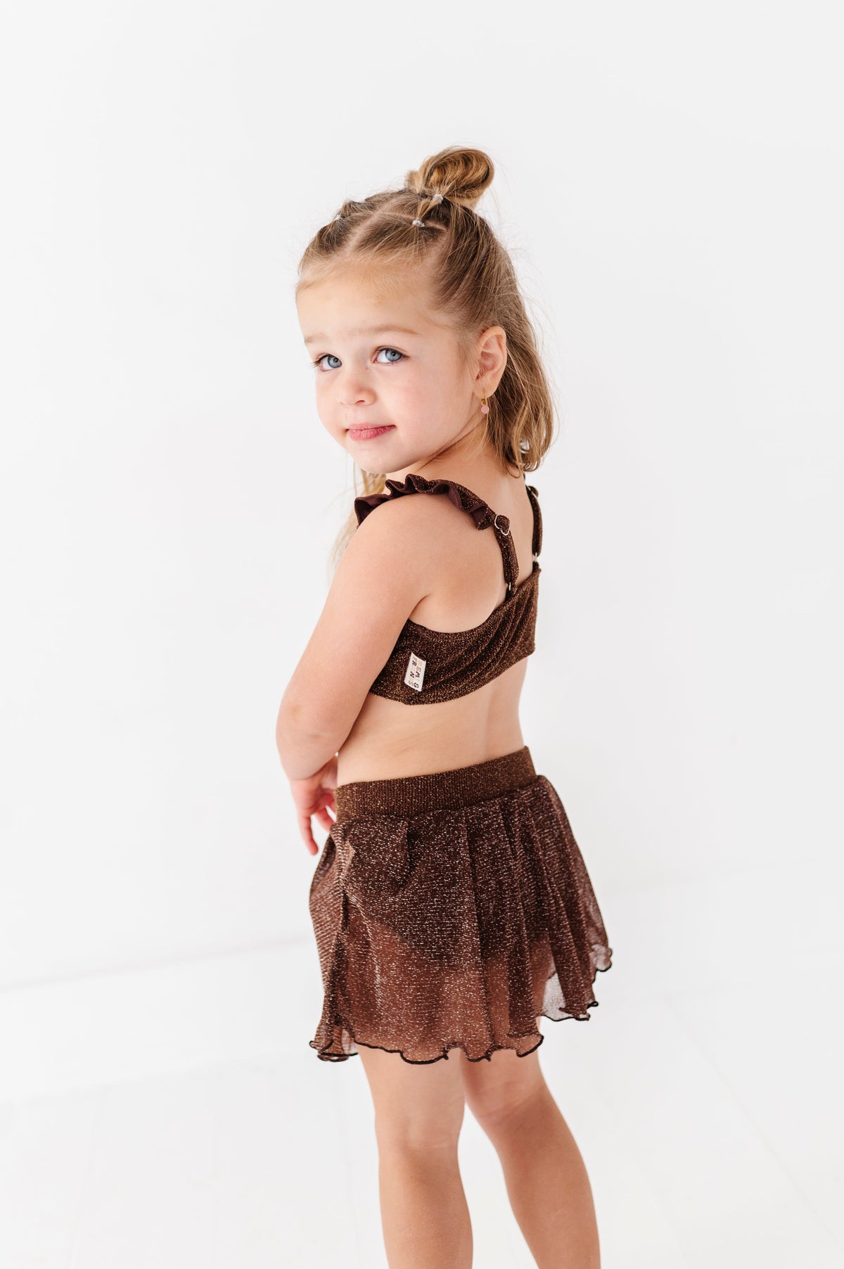 Brown Metallic Kids Swim Skirted Bottom