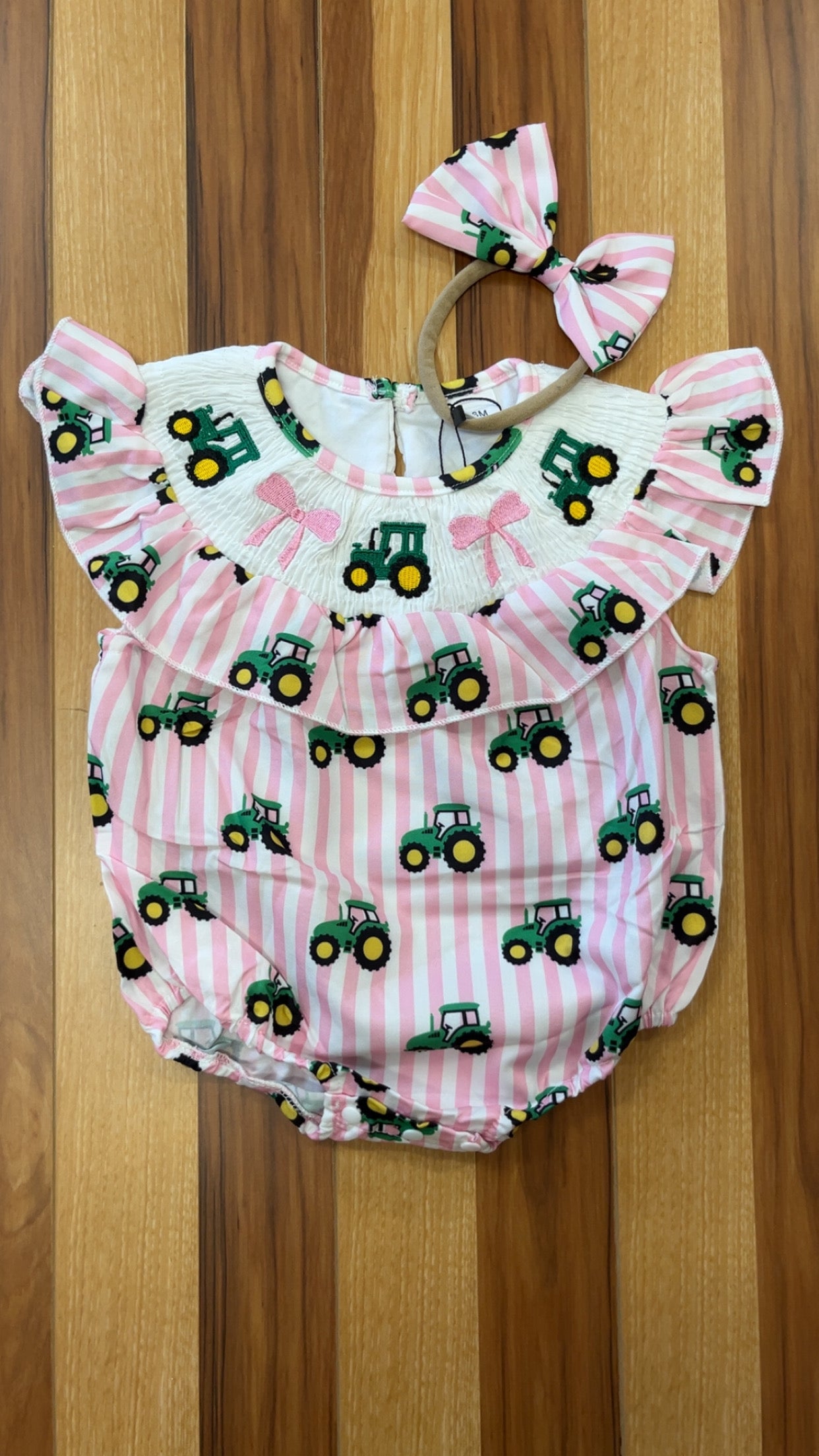 Coquette Tractor Smocked Romper w/Headband