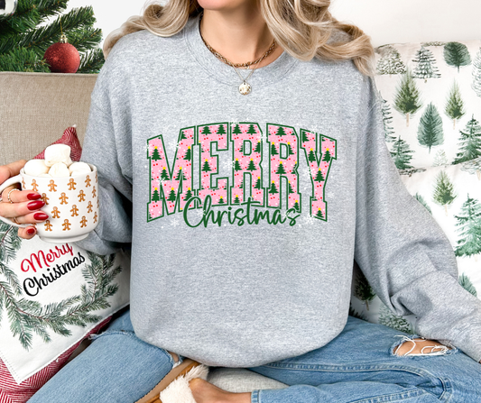 Pink Varsity Merry Christmas Trees Crewneck- ALL SIZES