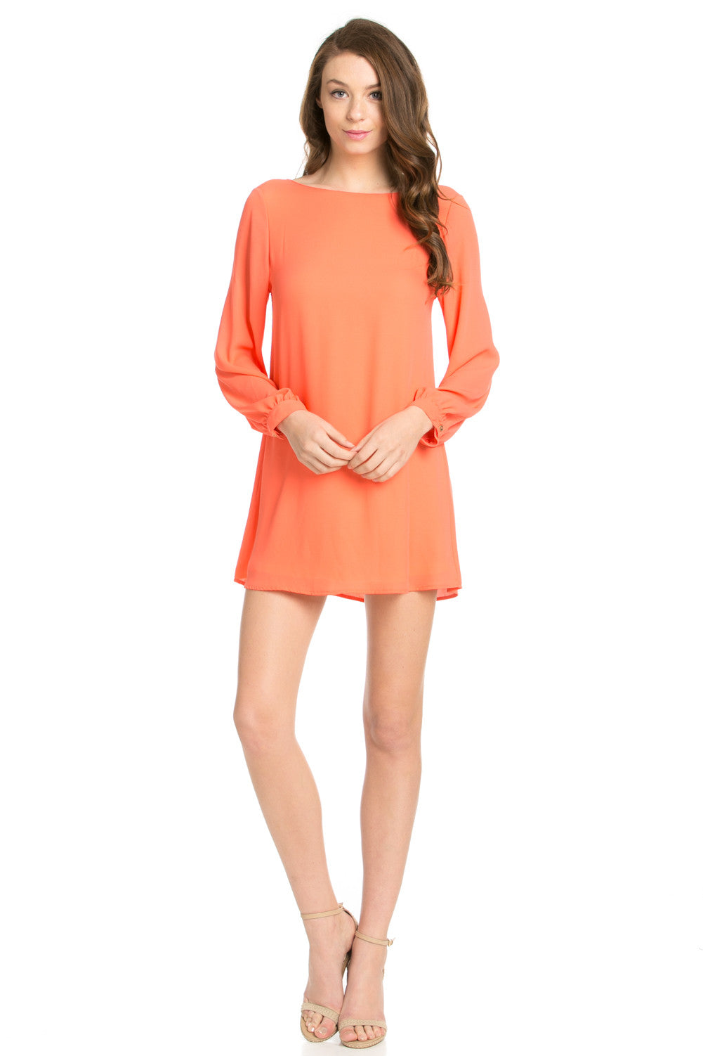 Copy of Wind Blows Long Sleeve Open Back Chiffon Shift Dress in Coral