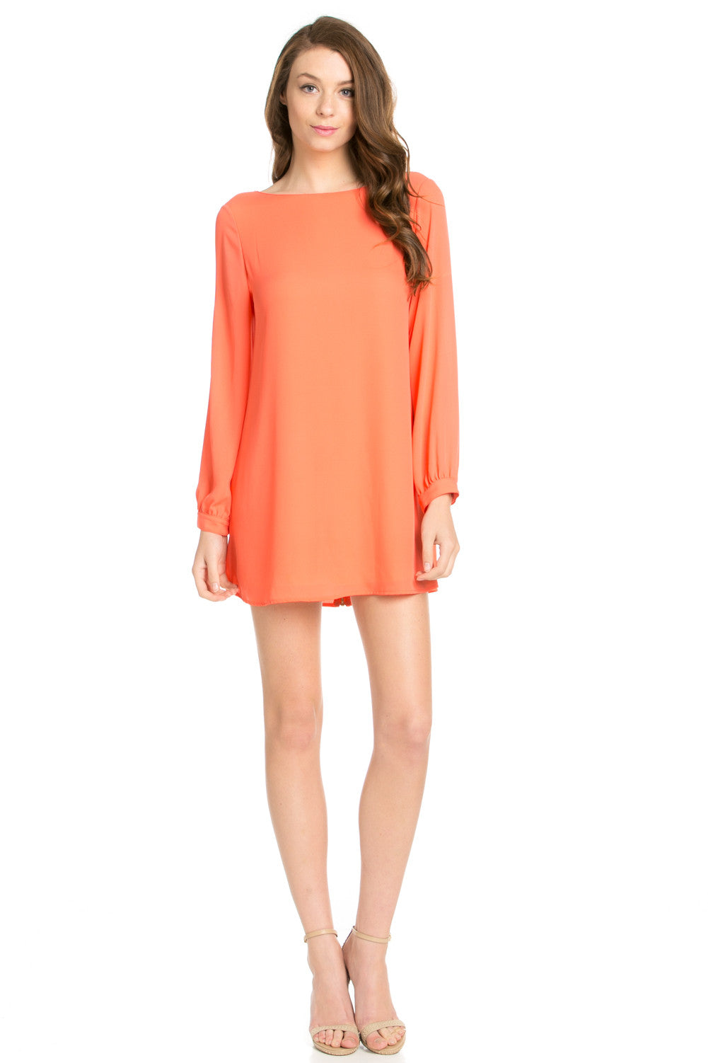 Copy of Wind Blows Long Sleeve Open Back Chiffon Shift Dress in Coral