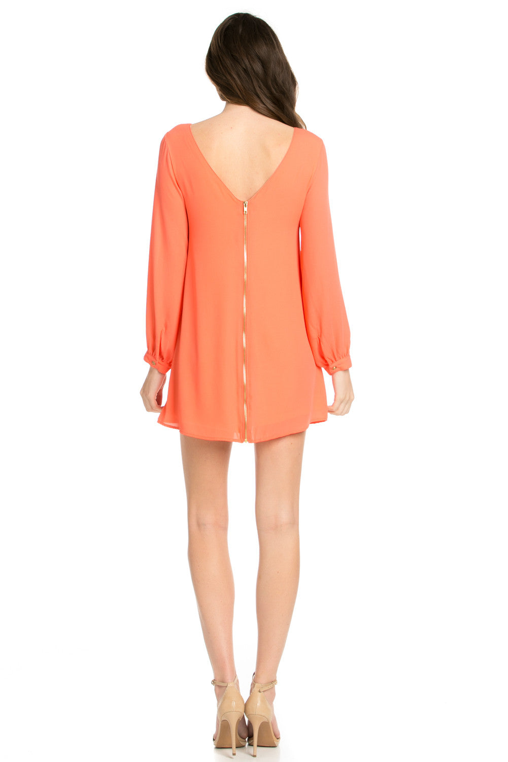 Copy of Wind Blows Long Sleeve Open Back Chiffon Shift Dress in Coral