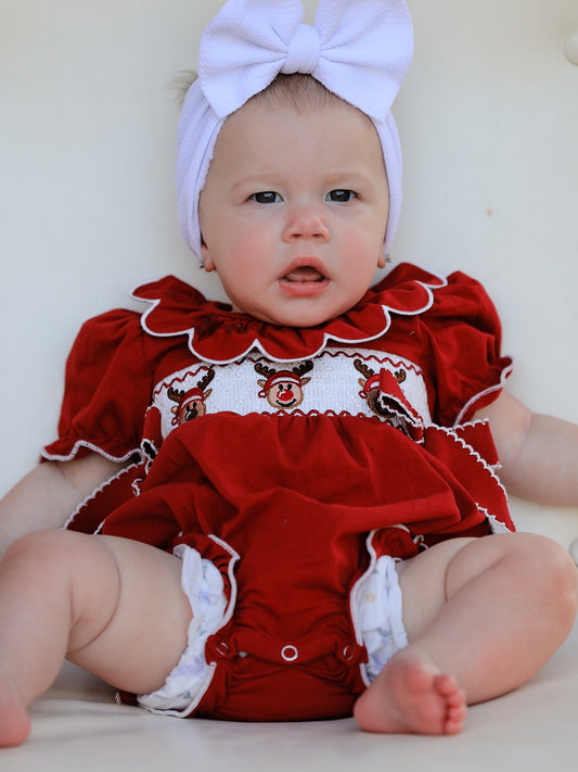 Baby Girls Christmas Reindeer Smocked Bubble Romper