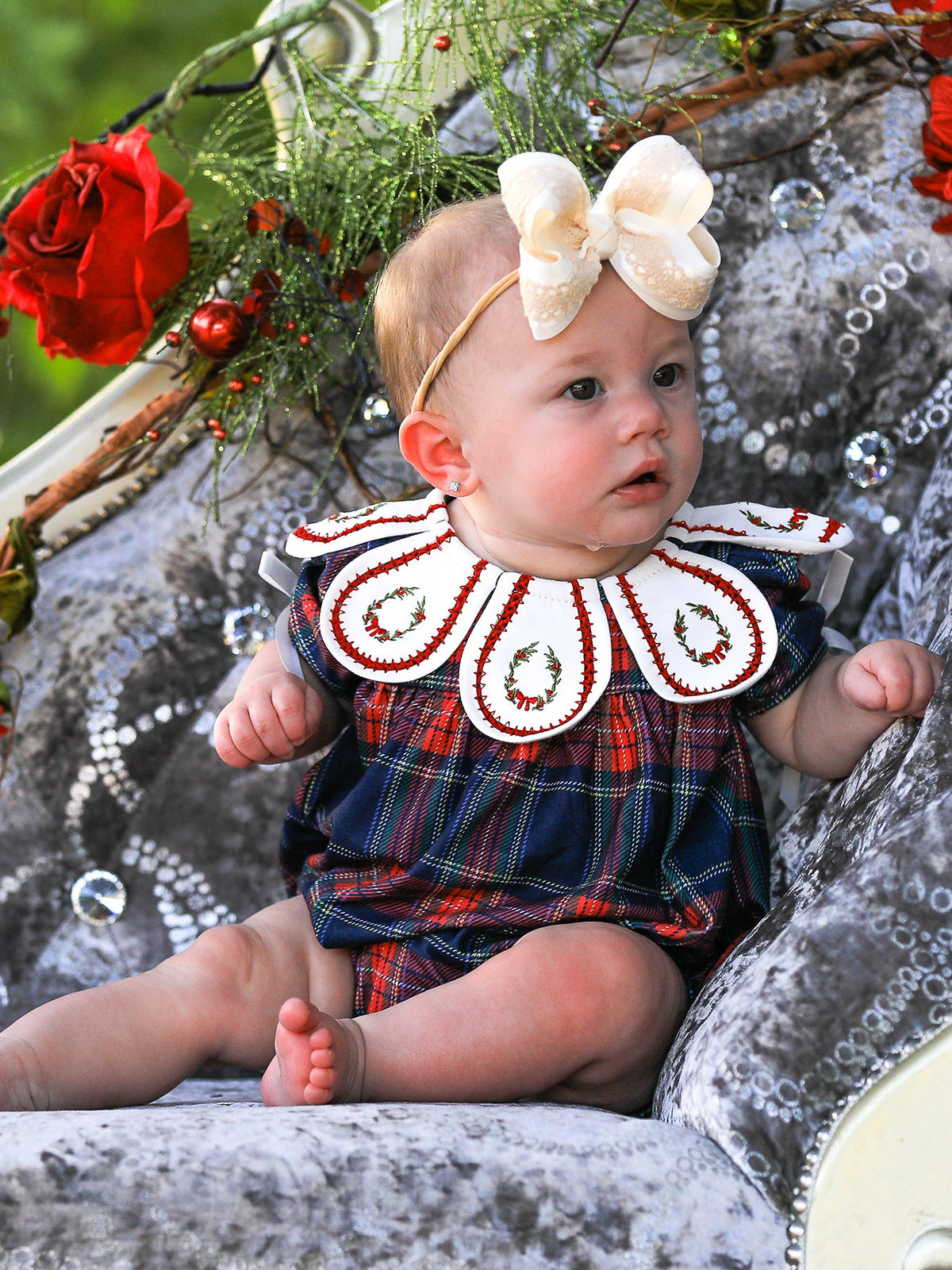 Navy Red Christmas Plaid Wreath Baby Girl Bubble Romper
