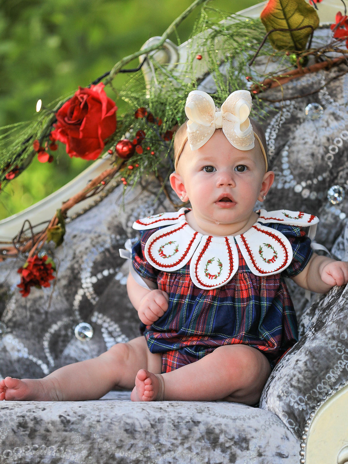 Navy Red Christmas Plaid Wreath Baby Girl Bubble Romper
